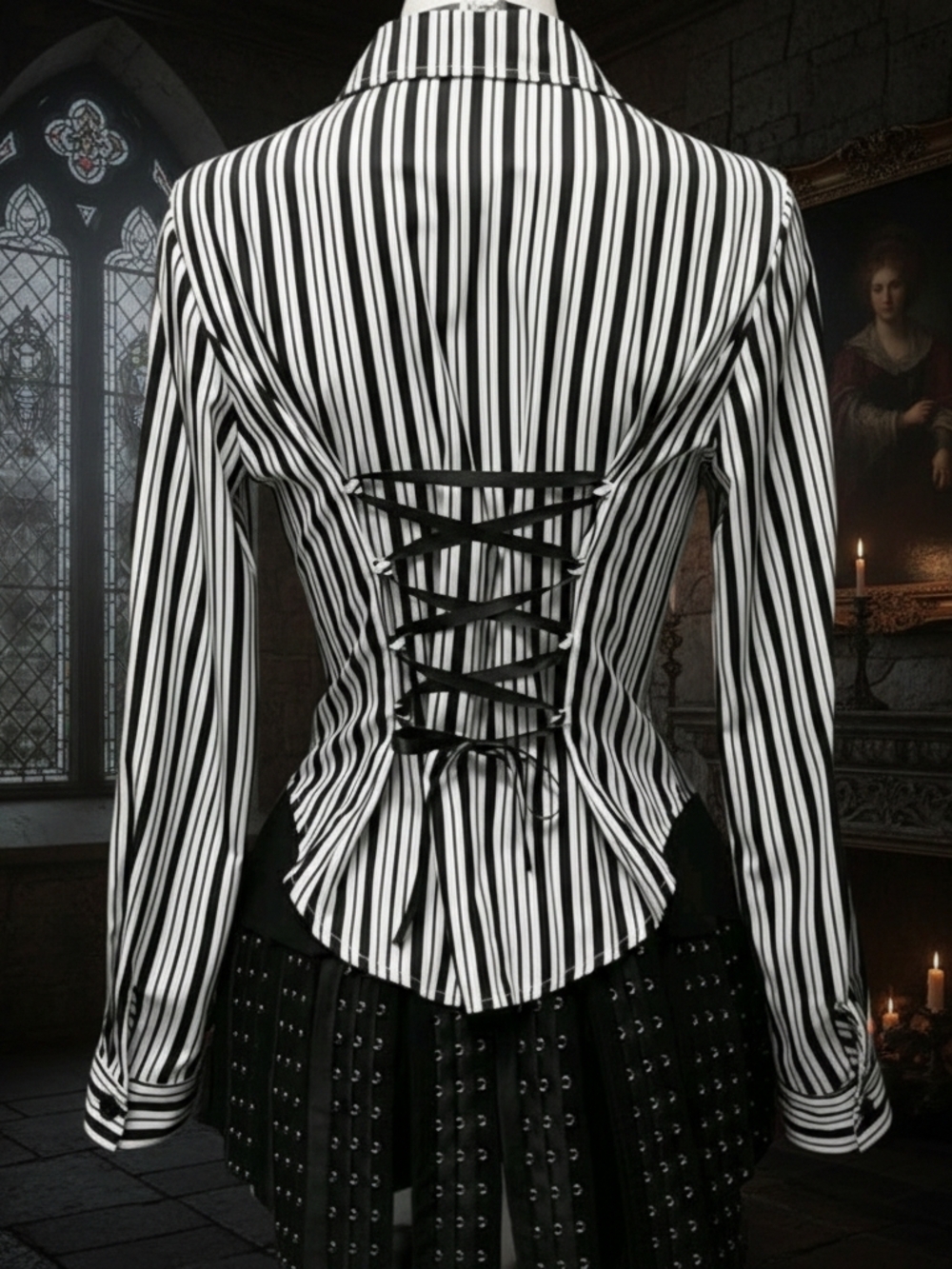 Women's Black & White Striped Button-Down Shirt with Lace-Back Detail